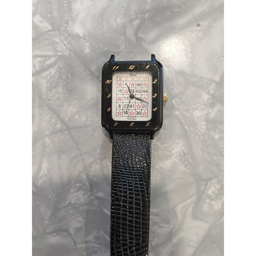 Pearl Bingo Quartz Women's Black Leather Strap Watch